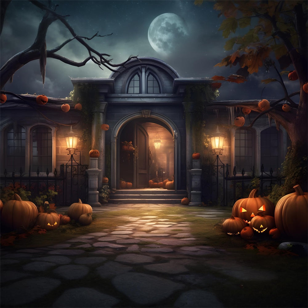 Gespenstische Halloween-Villa Kürbisse Hintergrund RR7-429