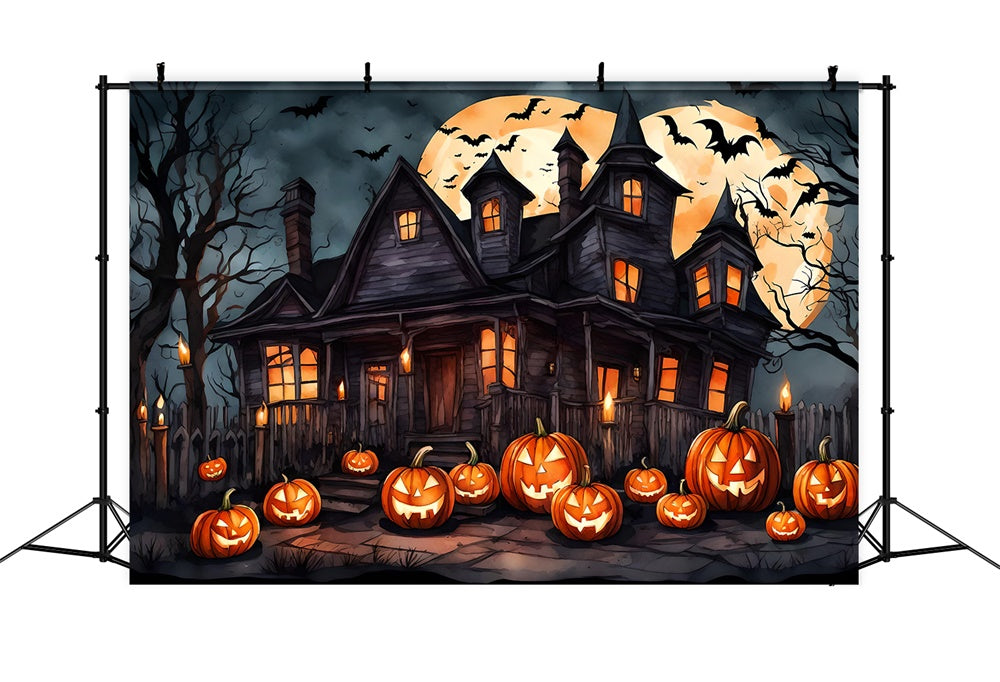 Hexenhaus-Fledermäuse-Kürbis-Halloween-Kulisse RR7-436
