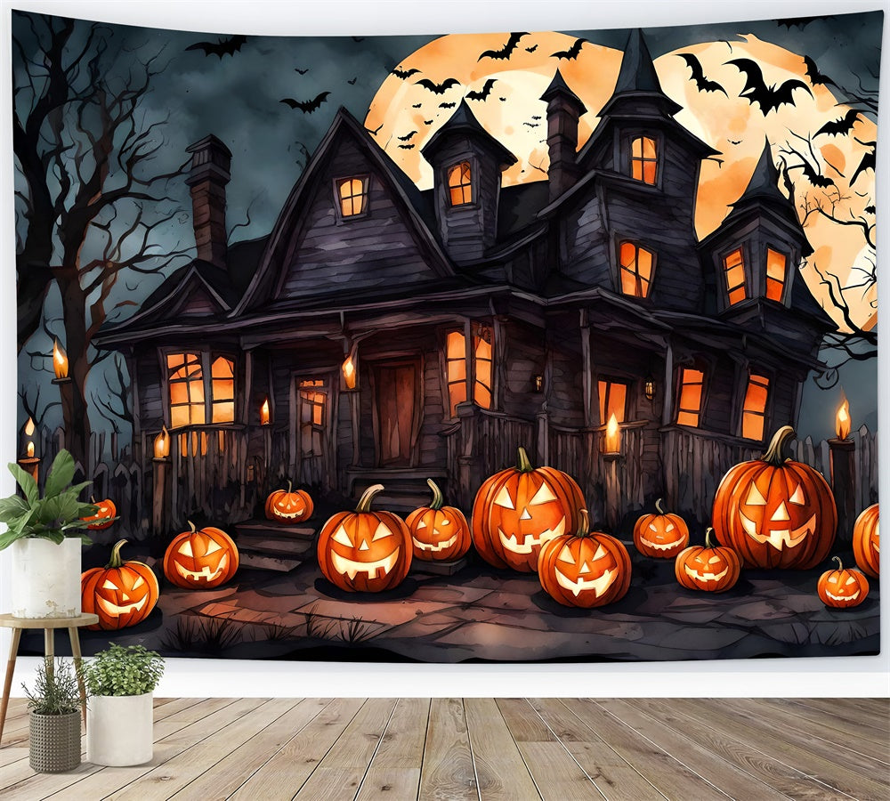 Hexenhaus-Fledermäuse-Kürbis-Halloween-Kulisse RR7-436