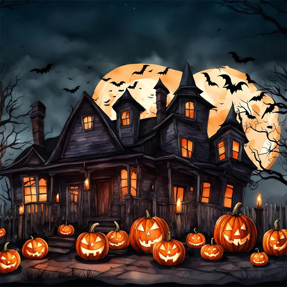 Hexenhaus-Fledermäuse-Kürbis-Halloween-Kulisse RR7-436