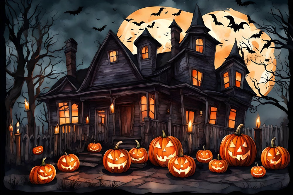 Hexenhaus-Fledermäuse-Kürbis-Halloween-Kulisse RR7-436