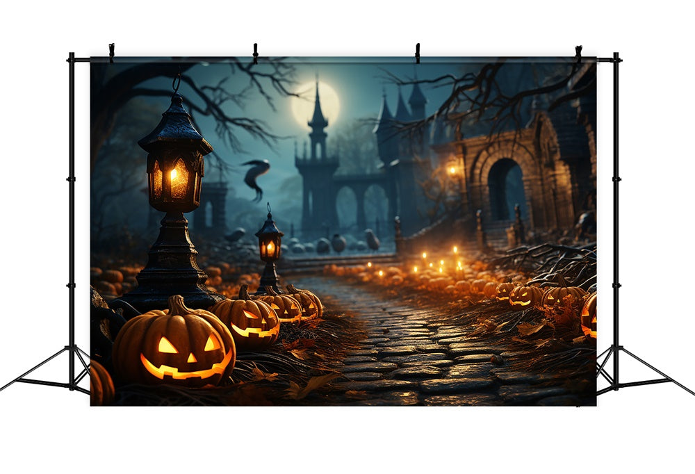 Halloween Gruseliger Friedhofsweg Kürbis Hintergrund RR7-437