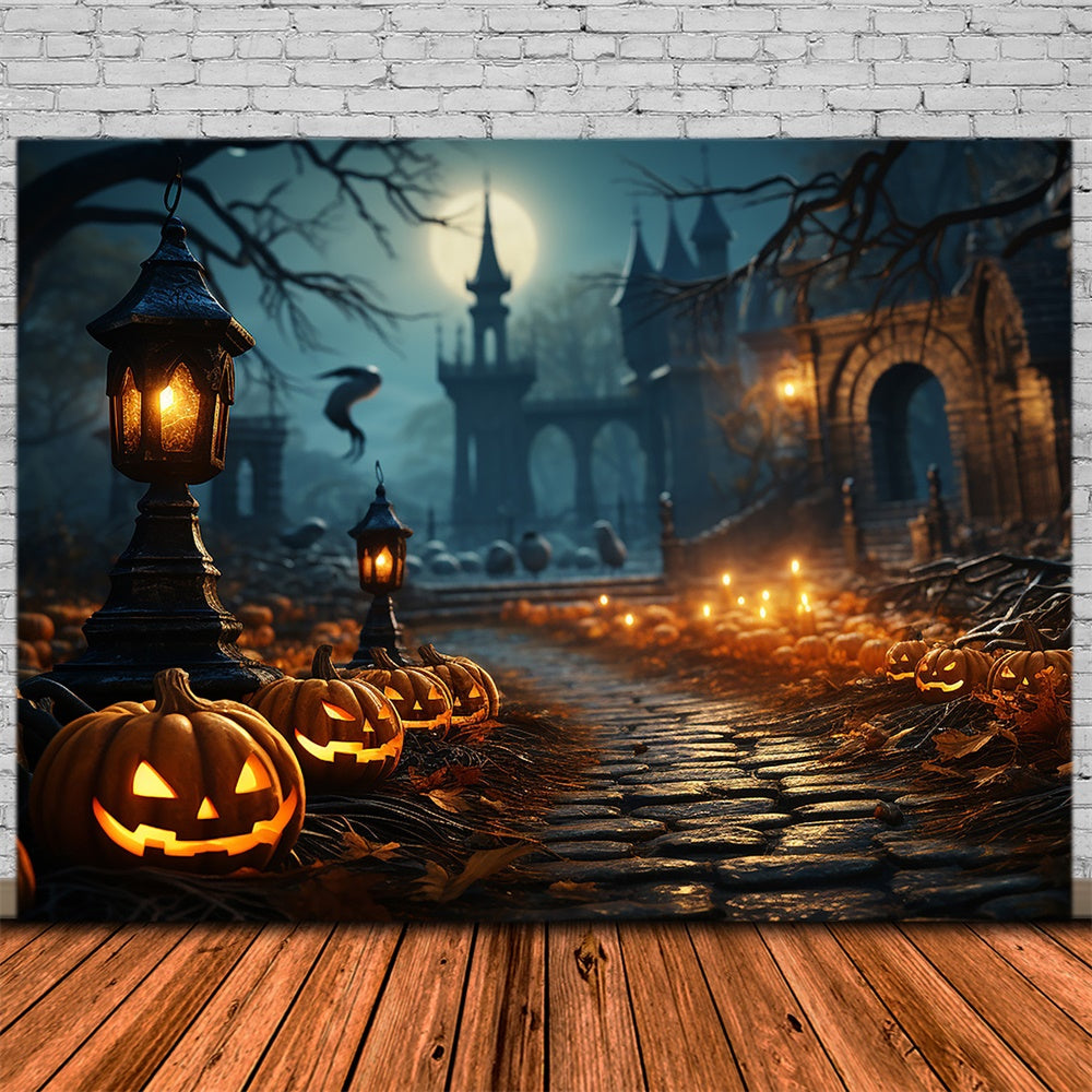 Halloween Gruseliger Friedhofsweg Kürbis Hintergrund RR7-437