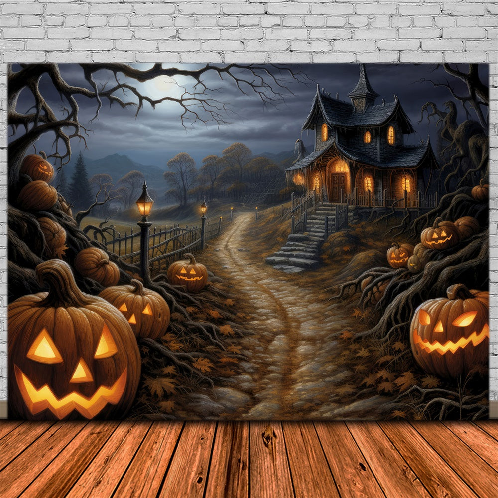 Halloween Horror Wald Hütte Kürbis Kulisse RR7-439