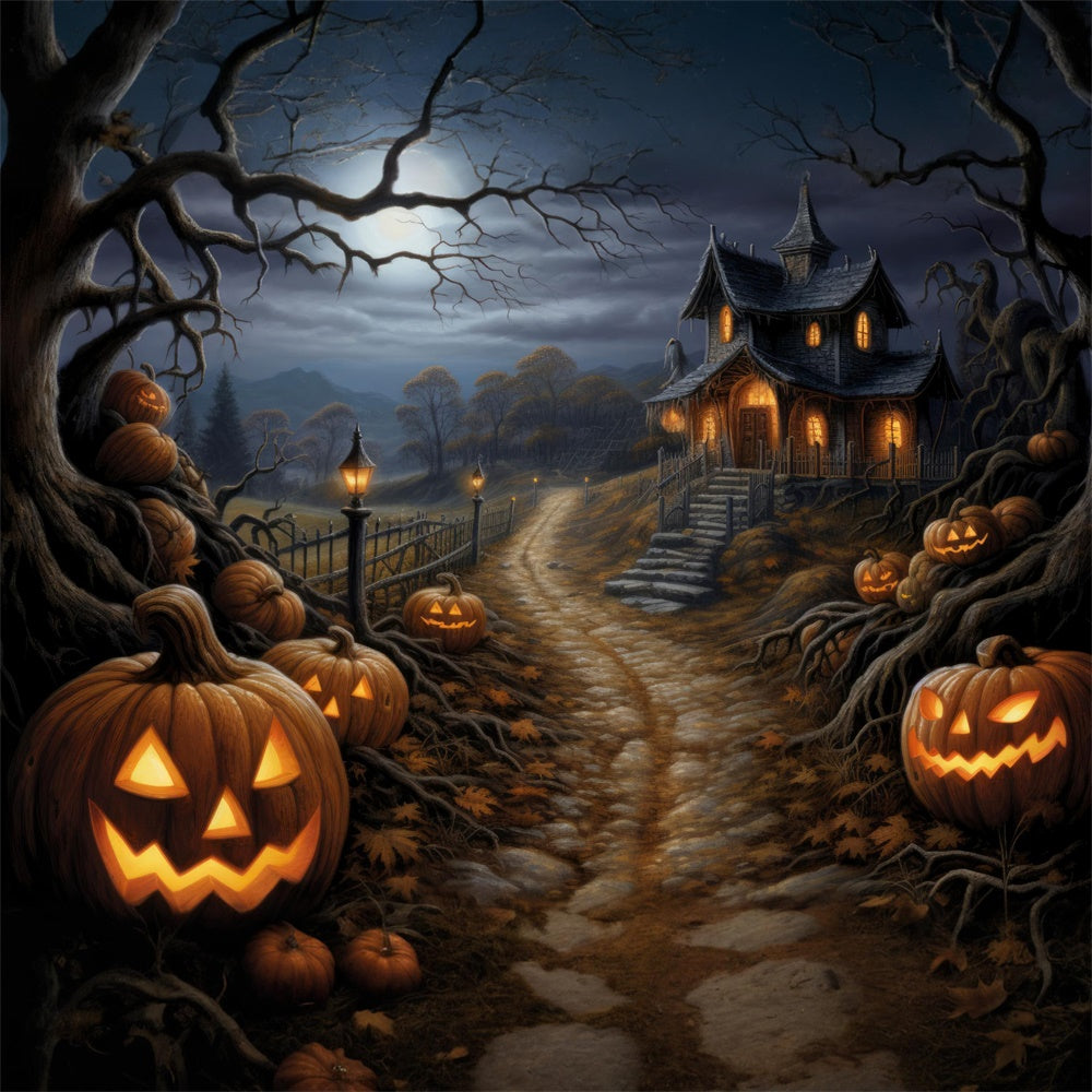 Halloween Horror Wald Hütte Kürbis Kulisse RR7-439