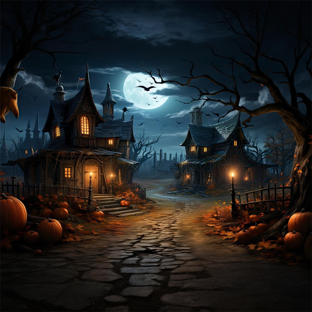 Halloween Mondnacht Häuser Kürbis Backdrop RR7-447