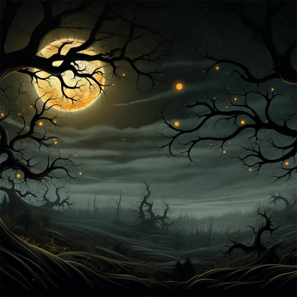Halloween Mondschein-Friedhof Glühende Bäume Hintergrund RR7-448