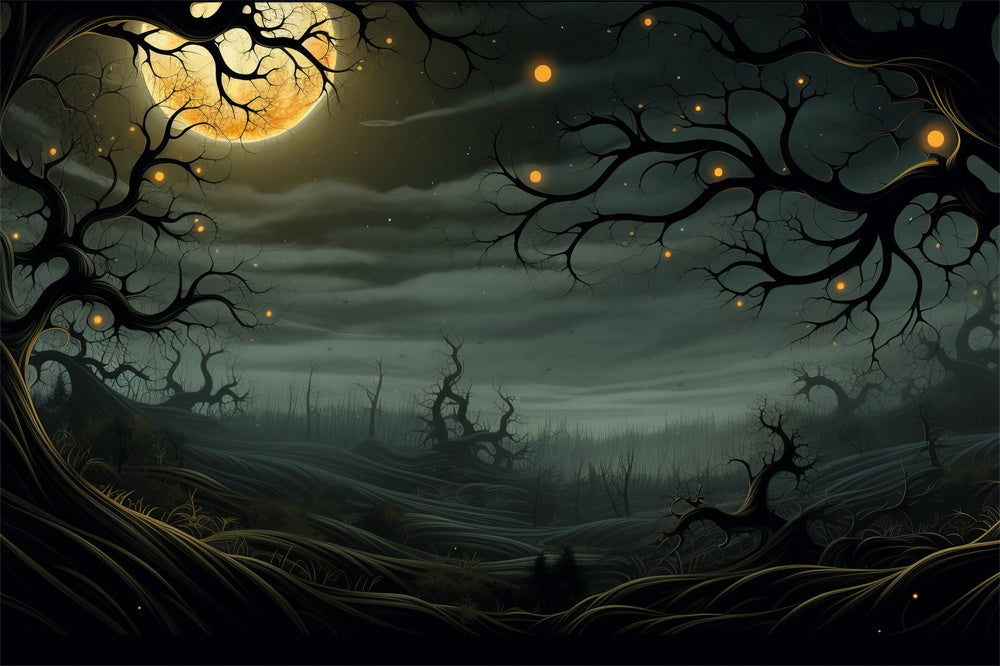 Halloween Mondschein-Friedhof Glühende Bäume Hintergrund RR7-448