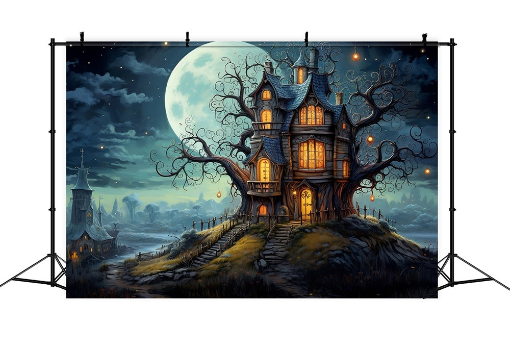 Halloween Vollmond-Haus-Friedhof-Kulisse RR7-449