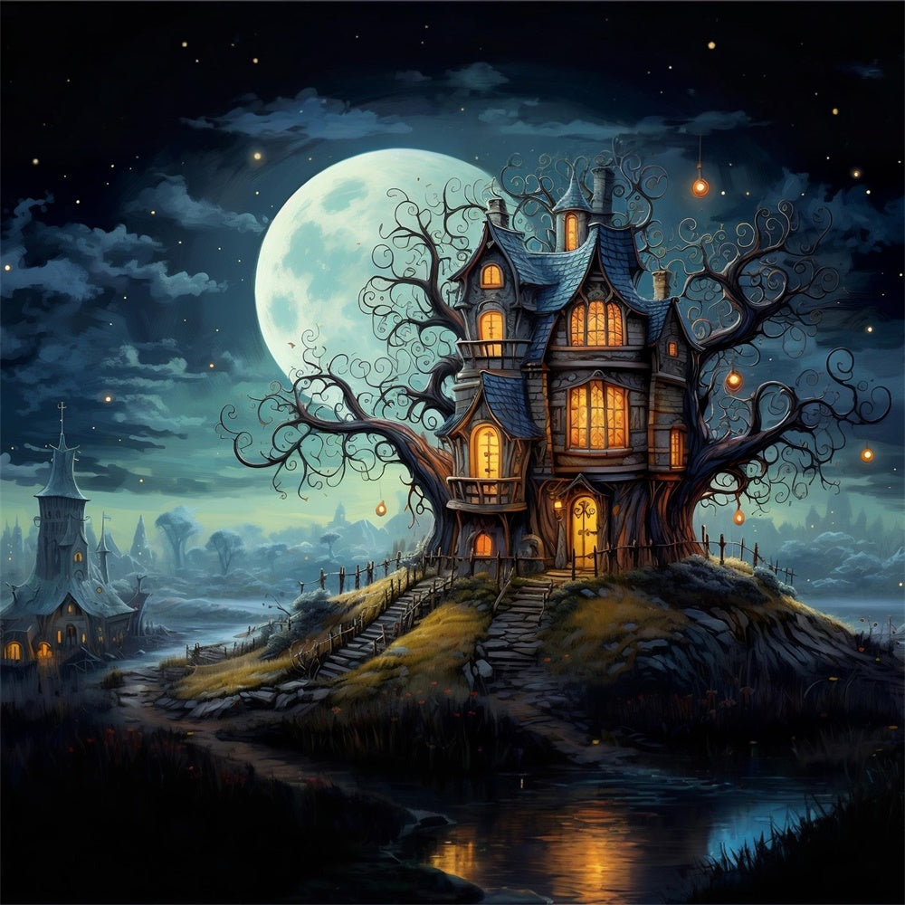 Halloween Vollmond-Haus-Friedhof-Kulisse RR7-449