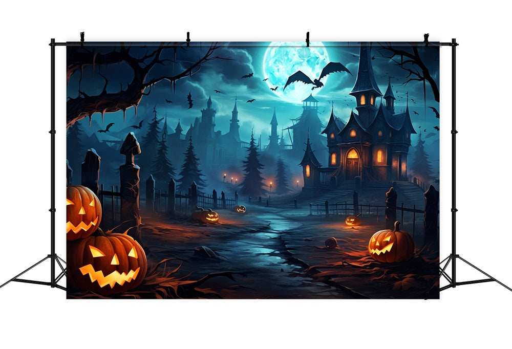 Gespenstische Halloween Wald Kürbis Fledermäuse Hintergrund RR7-450