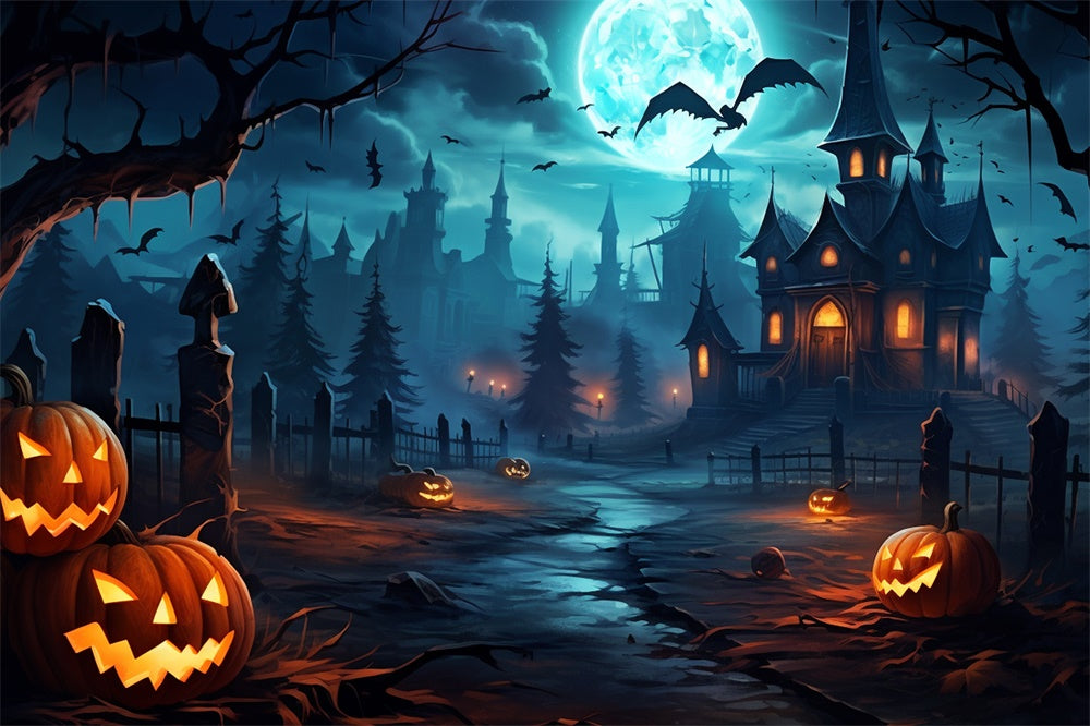 Gespenstische Halloween Wald Kürbis Fledermäuse Hintergrund RR7-450