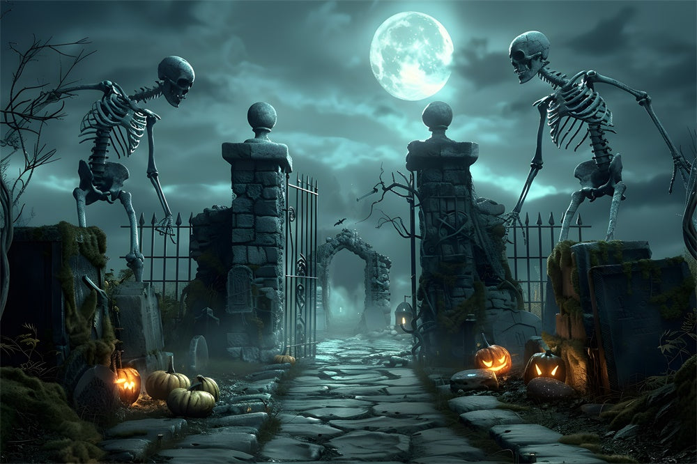 Halloween Gruseliges Skelett-Friedhofstor Hintergrund RR7-457