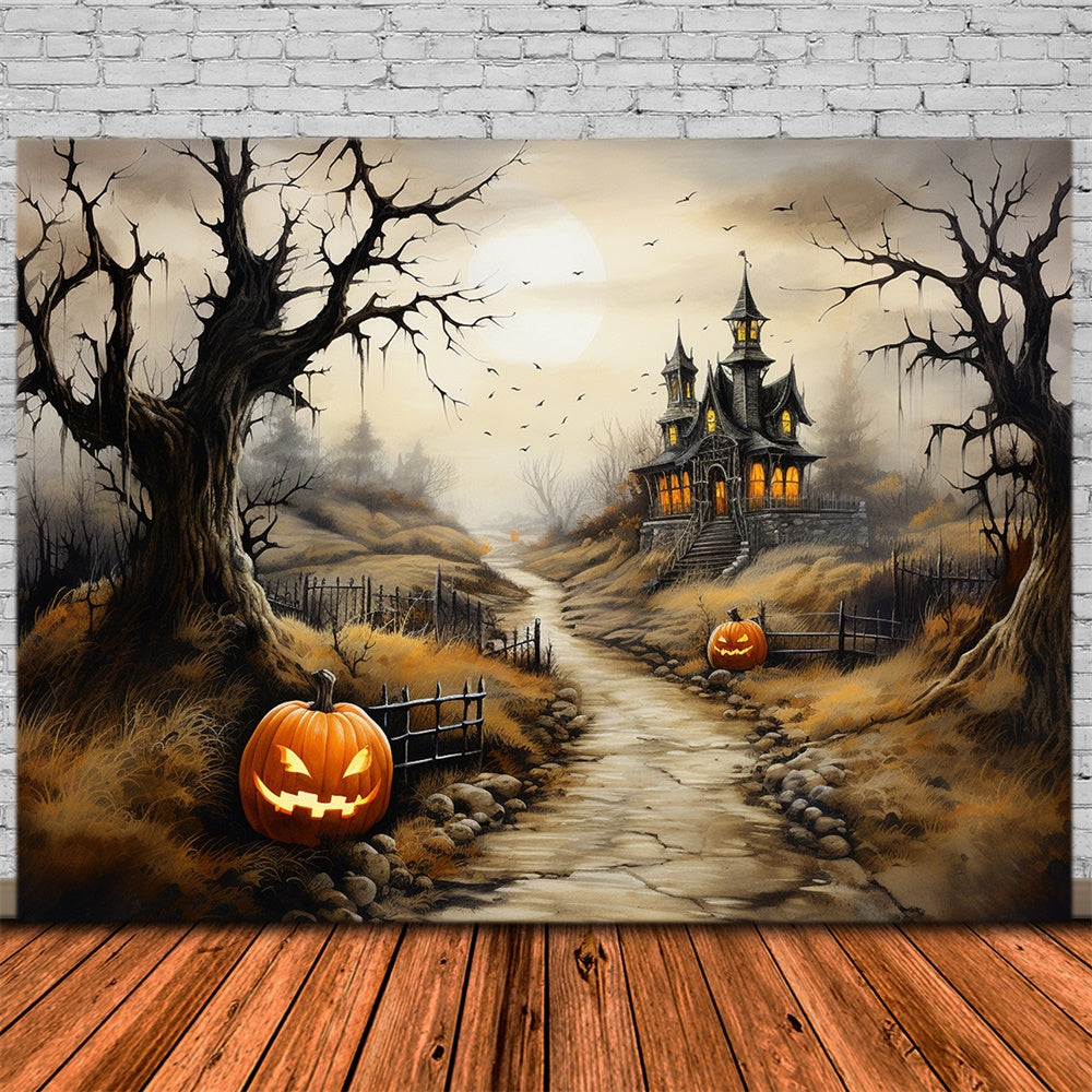 Halloween Gruselige Burg Pfad Kürbis Hintergrund RR7-460