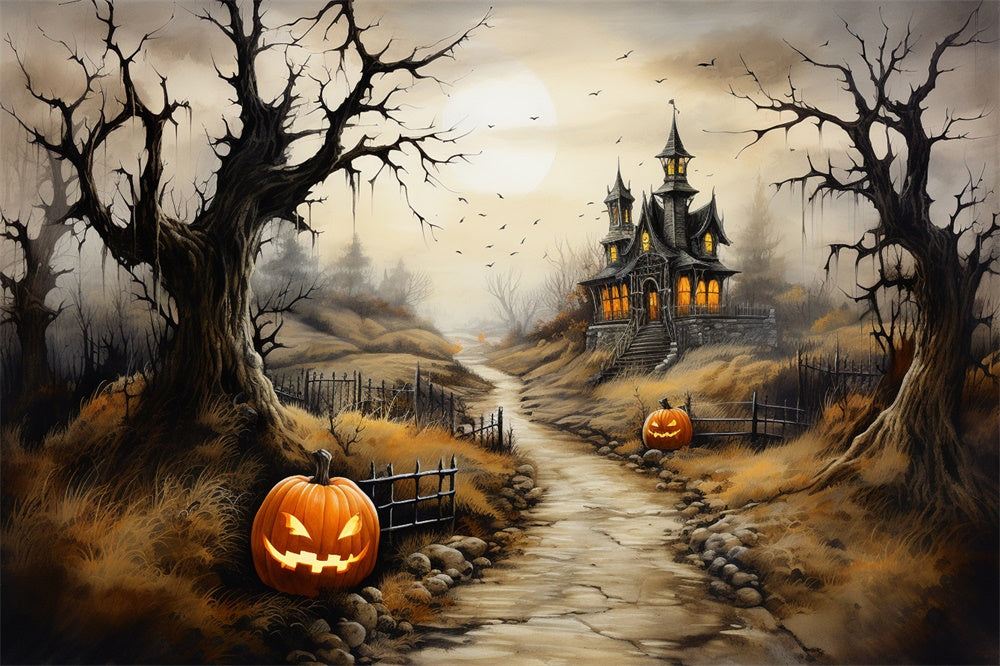 Halloween Gruselige Burg Pfad Kürbis Hintergrund RR7-460