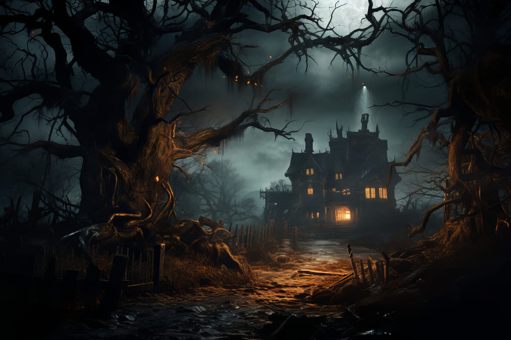 Halloween Gruseliges Haus Verdorrter Baum Fotohintergrund RR7-60