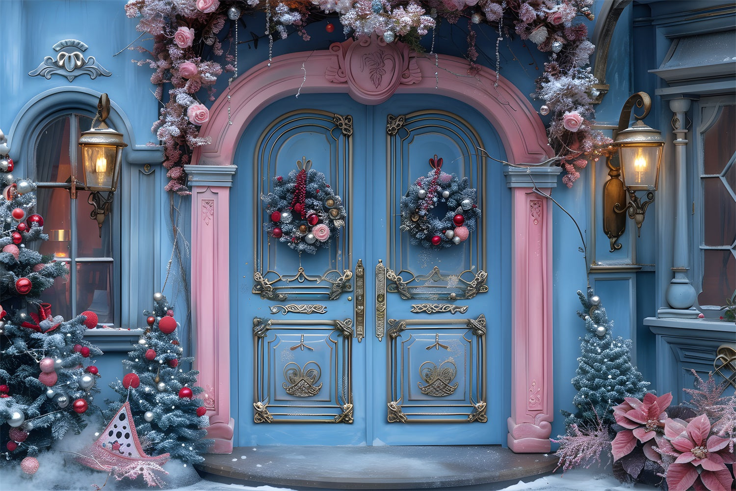 Weihnachtliche Eingang Hintergrund in Blau und Rosa RR7-603