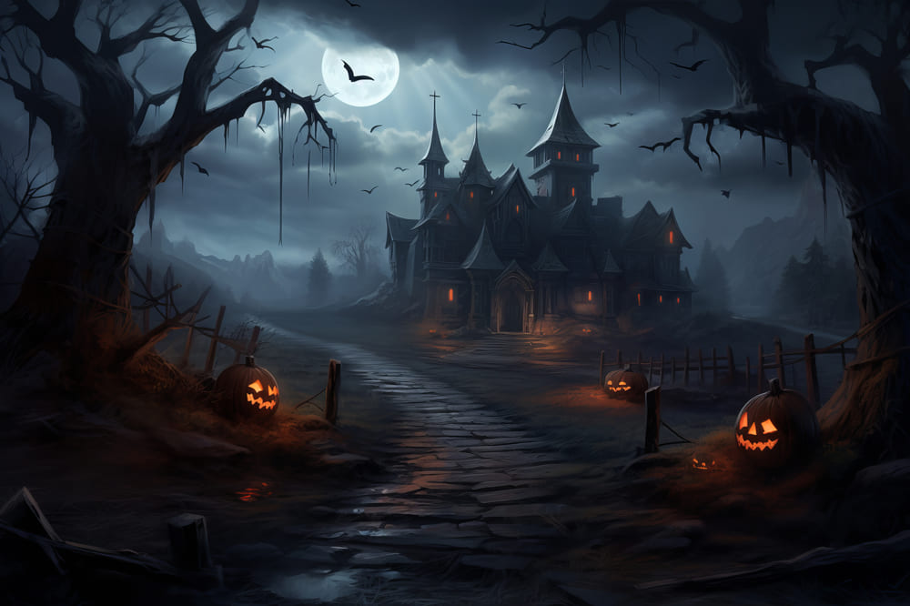 Halloween Gruseliger Friedhof Kürbisfeld Hintergrund RR7-62