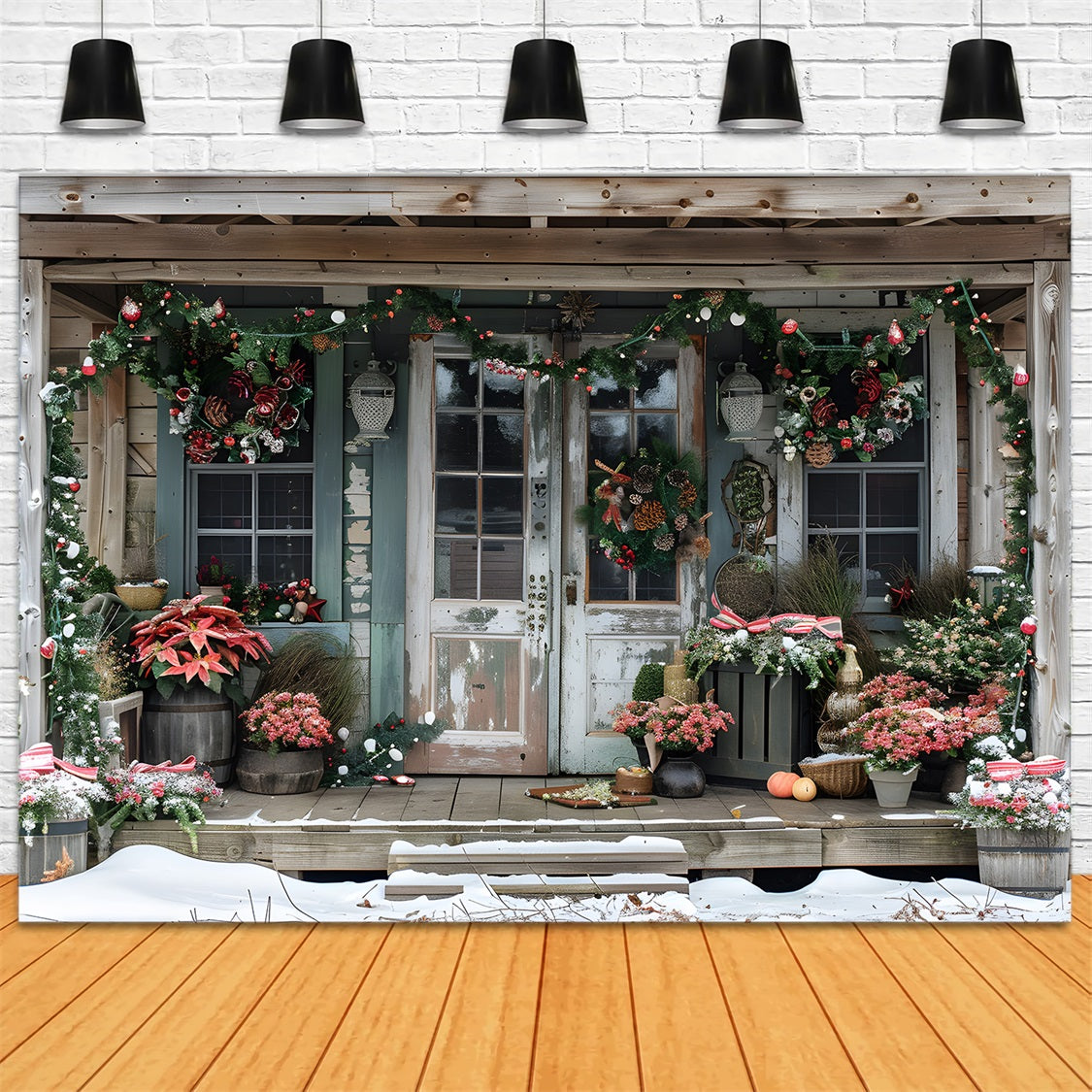 Weihnachten Rustikale Veranda mit Weihnachtssternen Hintergrund RR7-625