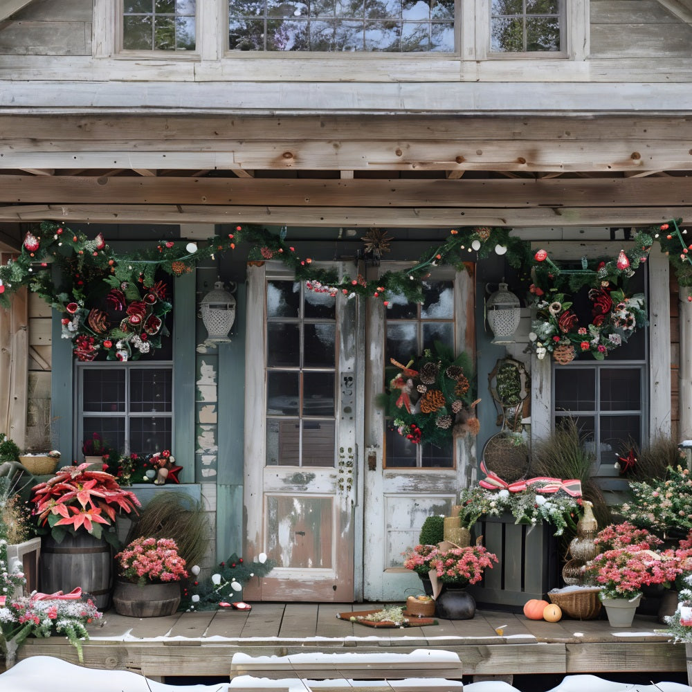 Weihnachten Rustikale Veranda mit Weihnachtssternen Hintergrund RR7-625