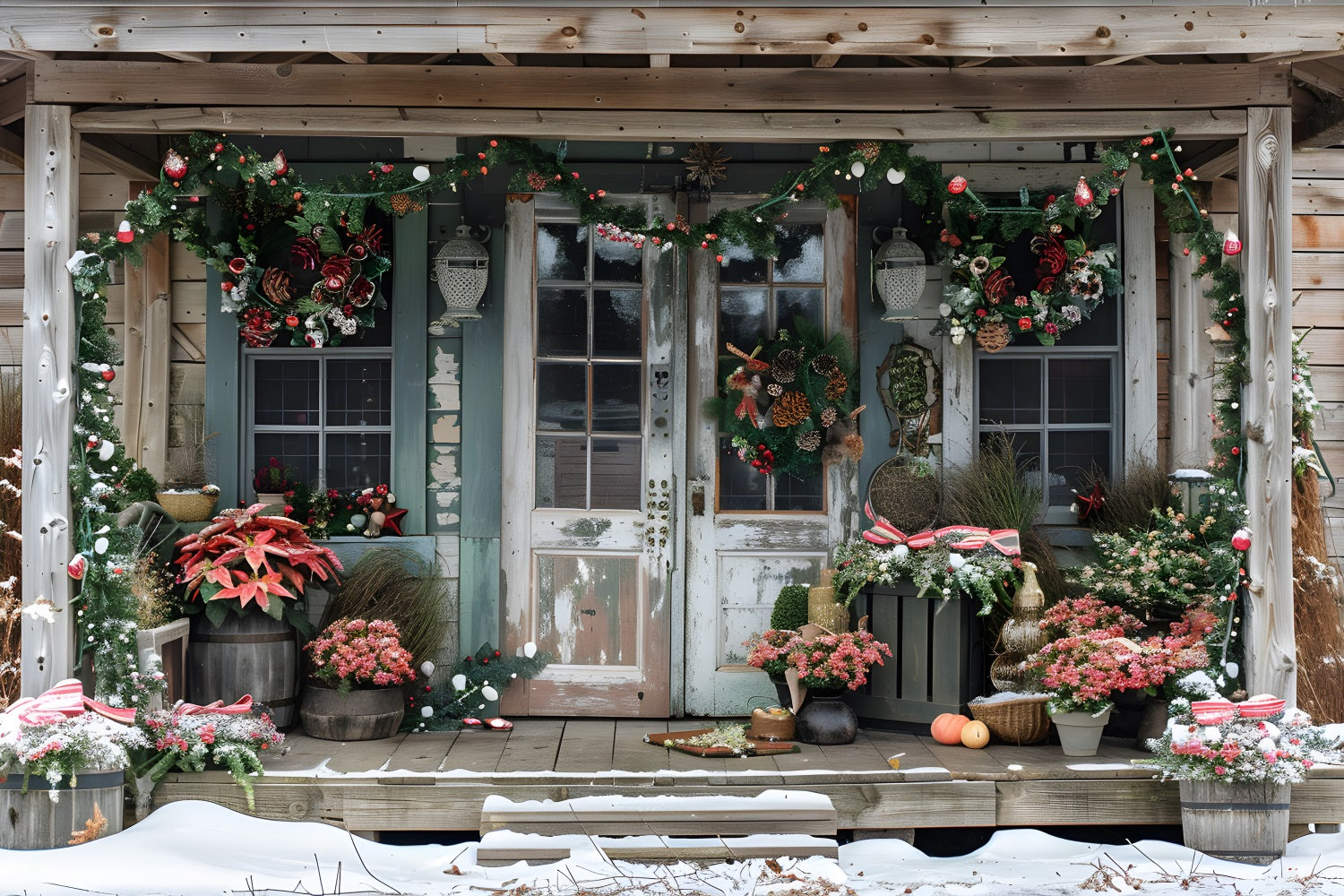 Weihnachten Rustikale Veranda mit Weihnachtssternen Hintergrund RR7-625