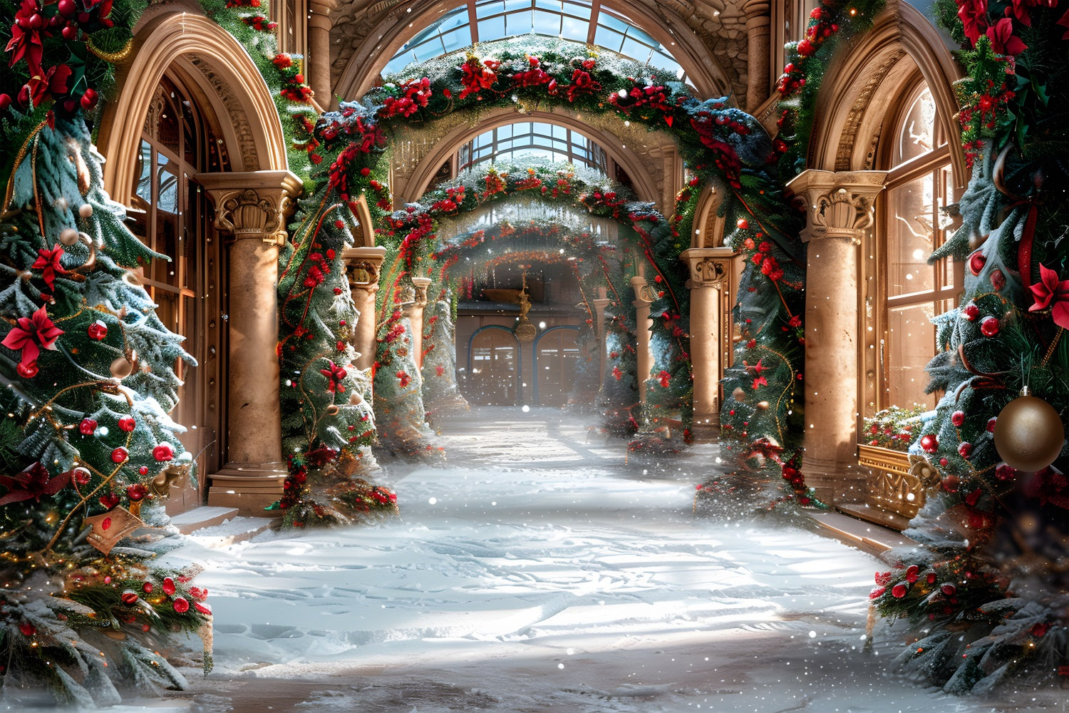 Weihnachten Eleganter Saal mit festlichen Girlanden Hintergrund RR7-634