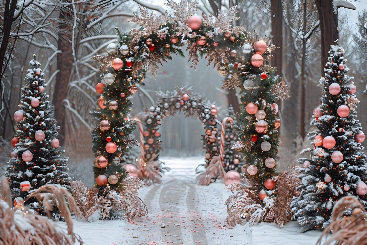 Weihnachten Rosa Ornament Zuckerstange Bogen Hintergrund RR7-655