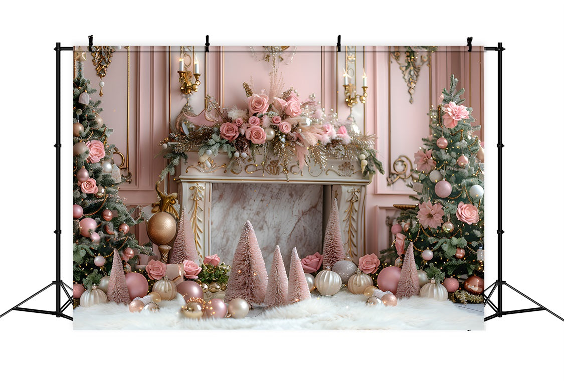 Weihnachten Rosa elegante Kamin dekoriert Bäume Hintergrund RR7-663