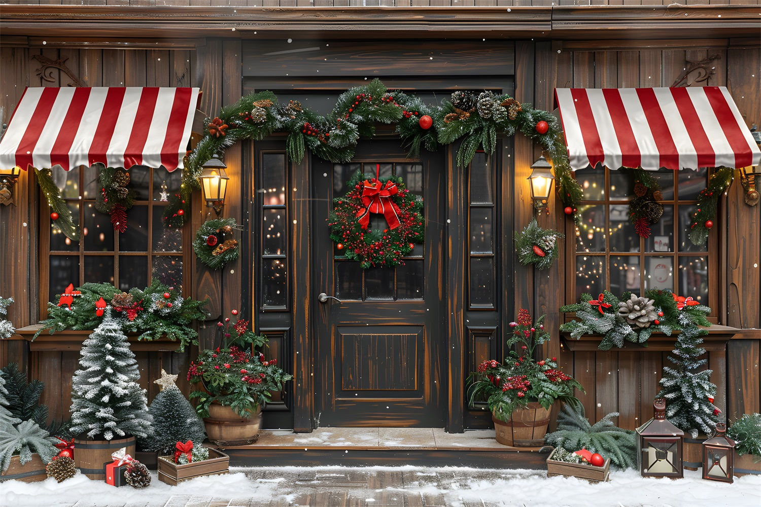 Weihnachten Rustikale Schaufensterfront Festlicher Kranz Hintergrund RR7-666