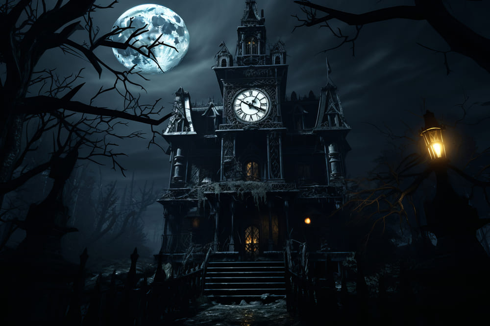 Halloween Mitternachtsmond Geistervilla Hintergrund RR7-67
