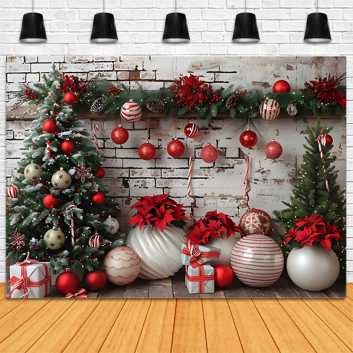 Weihnachten Rustikale Backsteinmauer Rot Weiß Ornamente Hintergrund RR7-677