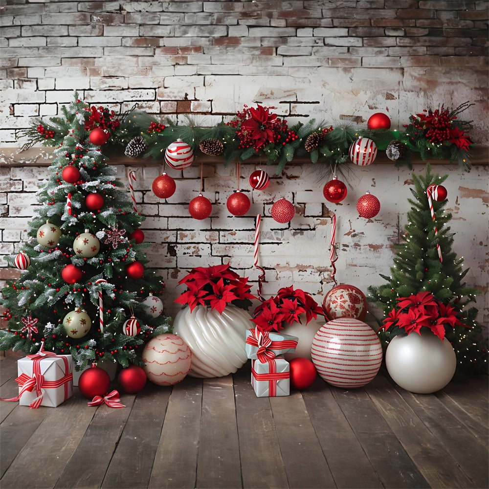 Weihnachten Rustikale Backsteinmauer Rot Weiß Ornamente Hintergrund RR7-677