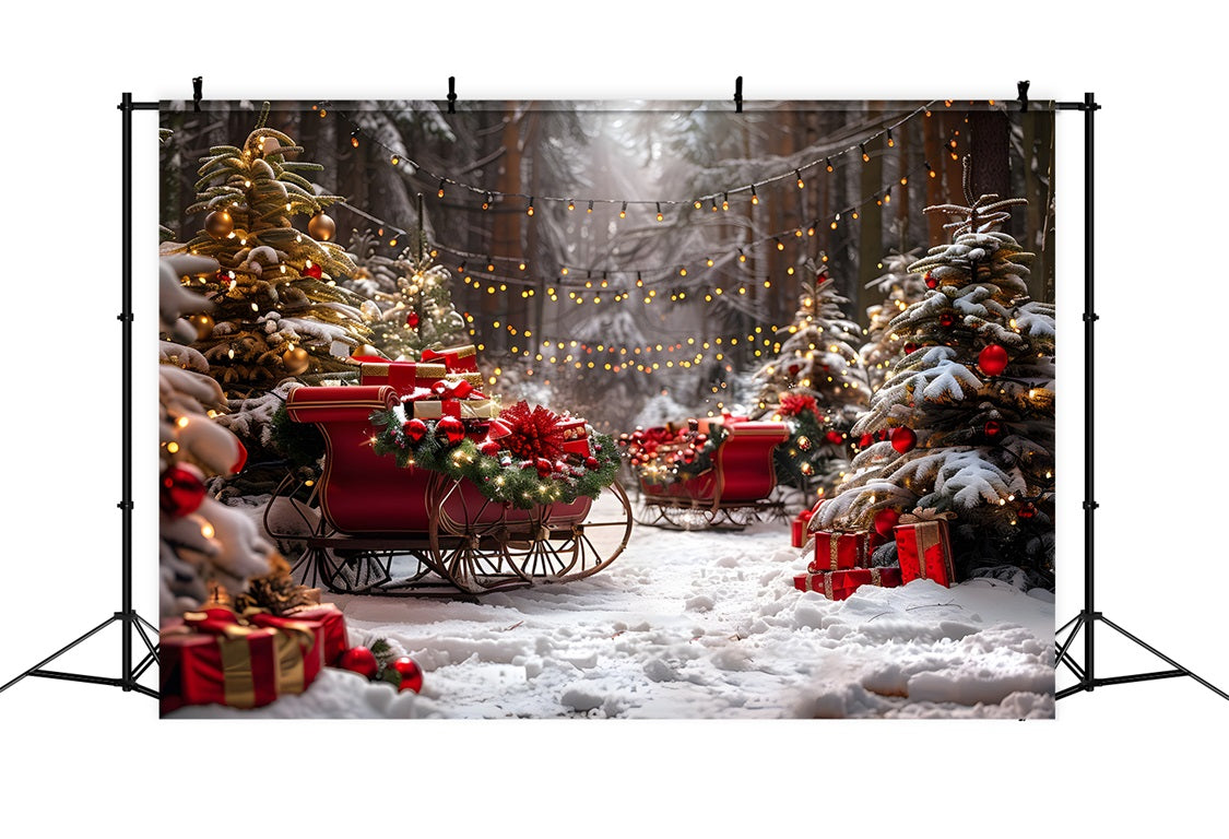 Weihnachtsschlitten und Lichter verschneiter Wald Hintergrund RR7-680