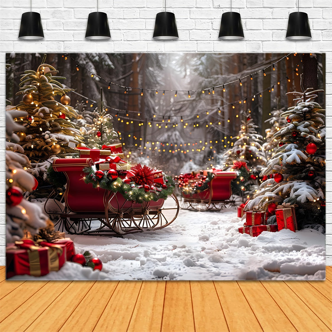 Weihnachtsschlitten und Lichter verschneiter Wald Hintergrund RR7-680