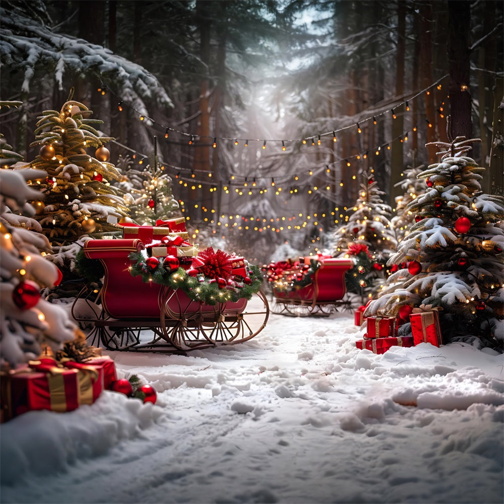 Weihnachtsschlitten und Lichter verschneiter Wald Hintergrund RR7-680