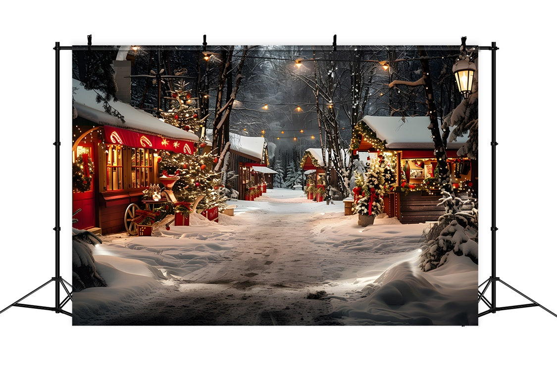Weihnachtsmarktstände verschneiter Nachtwald Hintergrund RR7-681