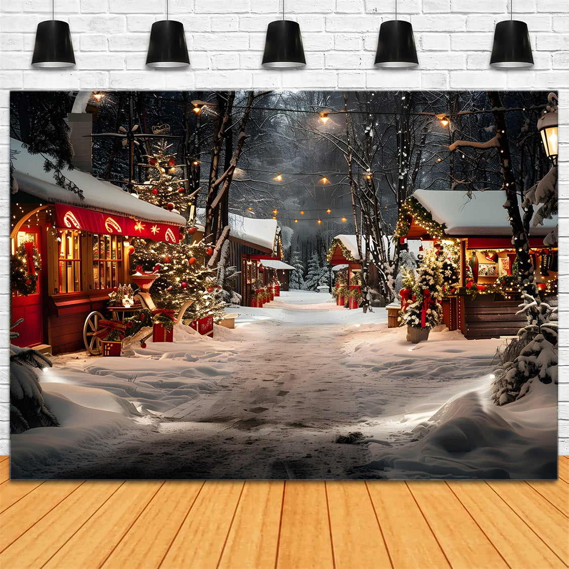 Weihnachtsmarktstände verschneiter Nachtwald Hintergrund RR7-681