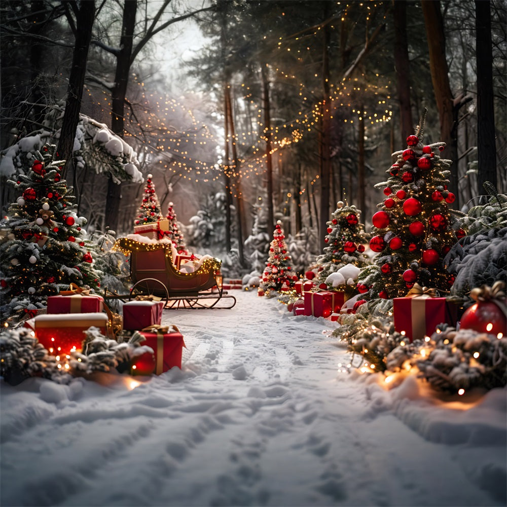 Weihnachtsmarktstände verschneiter Nachtwald Hintergrund RR7-681