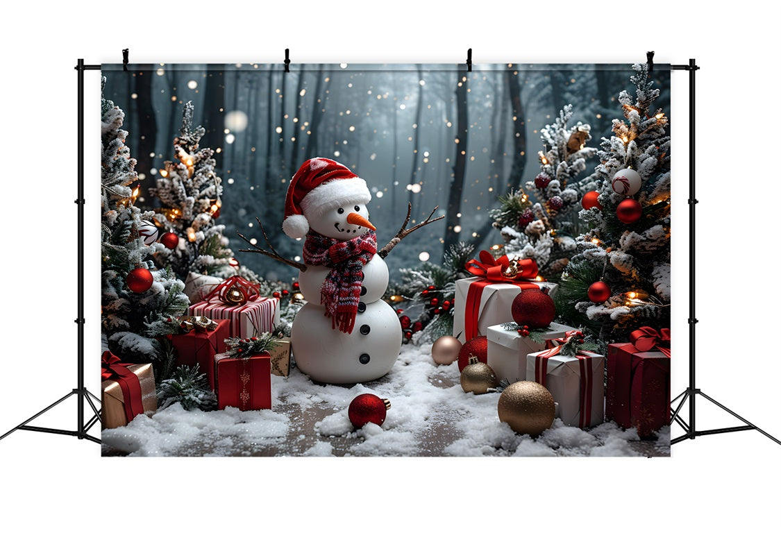 Weihnachtsschneemann mit Geschenken und Bäumen Hintergrund RR7-684