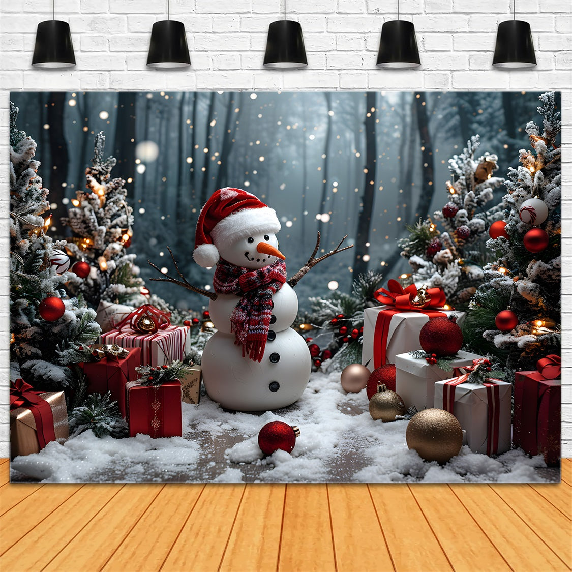 Weihnachtsschneemann mit Geschenken und Bäumen Hintergrund RR7-684