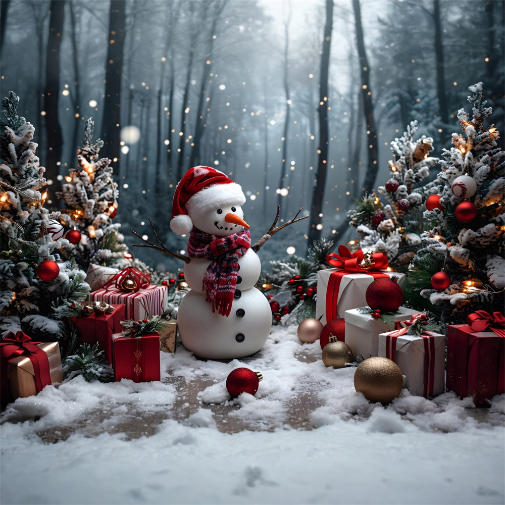 Weihnachtsschneemann mit Geschenken und Bäumen Hintergrund RR7-684