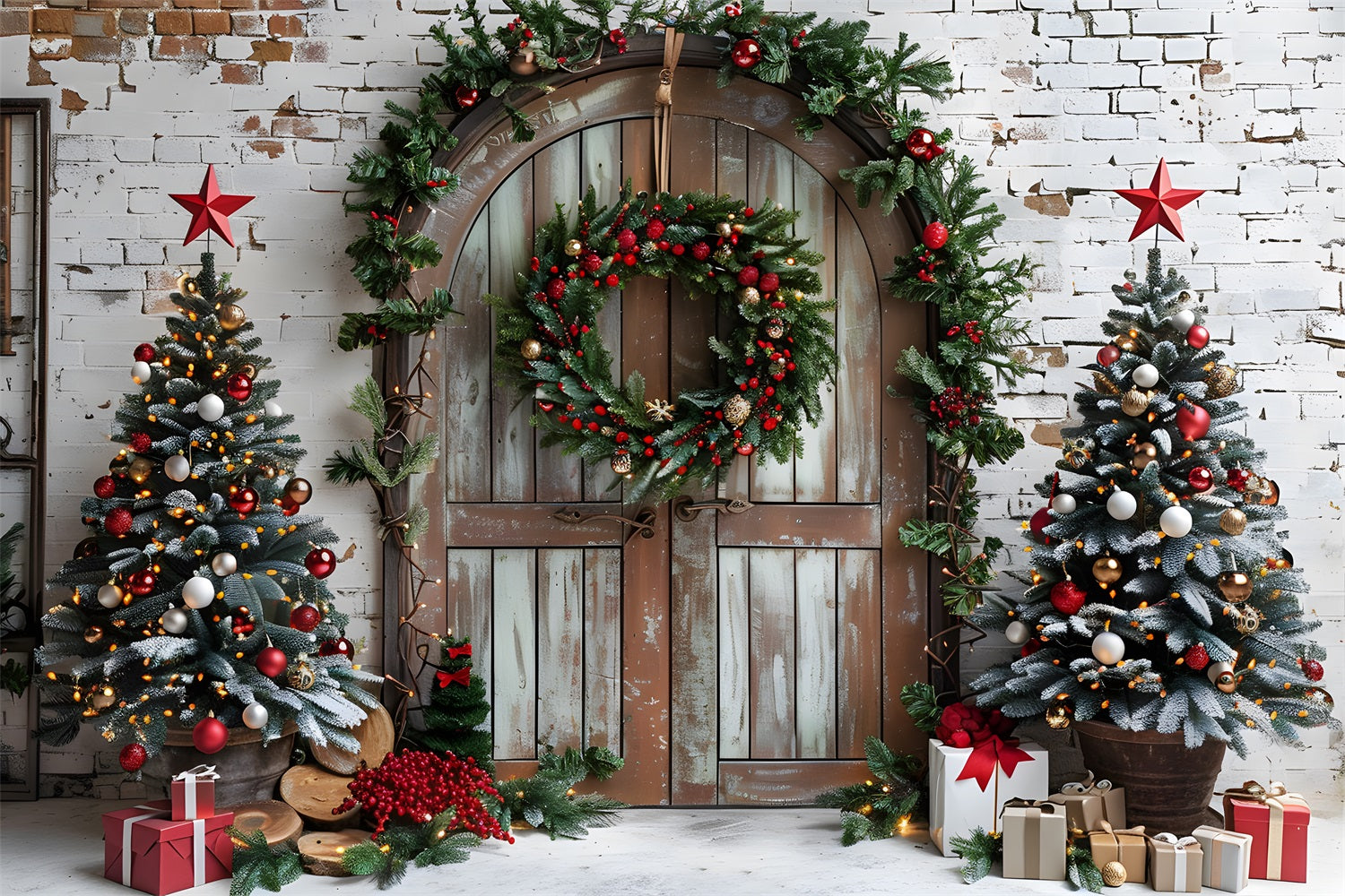 Rustikale Weihnachtstür mit festlichen Bäumen Hintergrund RR7-688