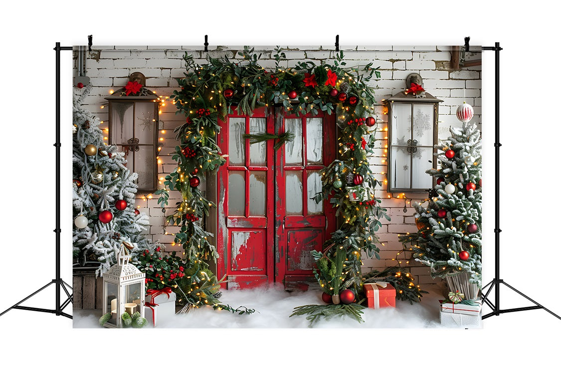 Rustikale rote Weihnachtstür mit festlicher Girlande Hintergrund RR7-689