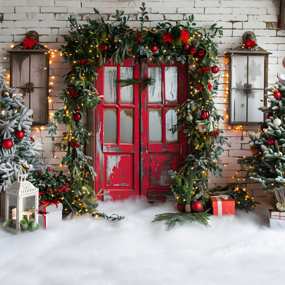 Rustikale rote Weihnachtstür mit festlicher Girlande Hintergrund RR7-689