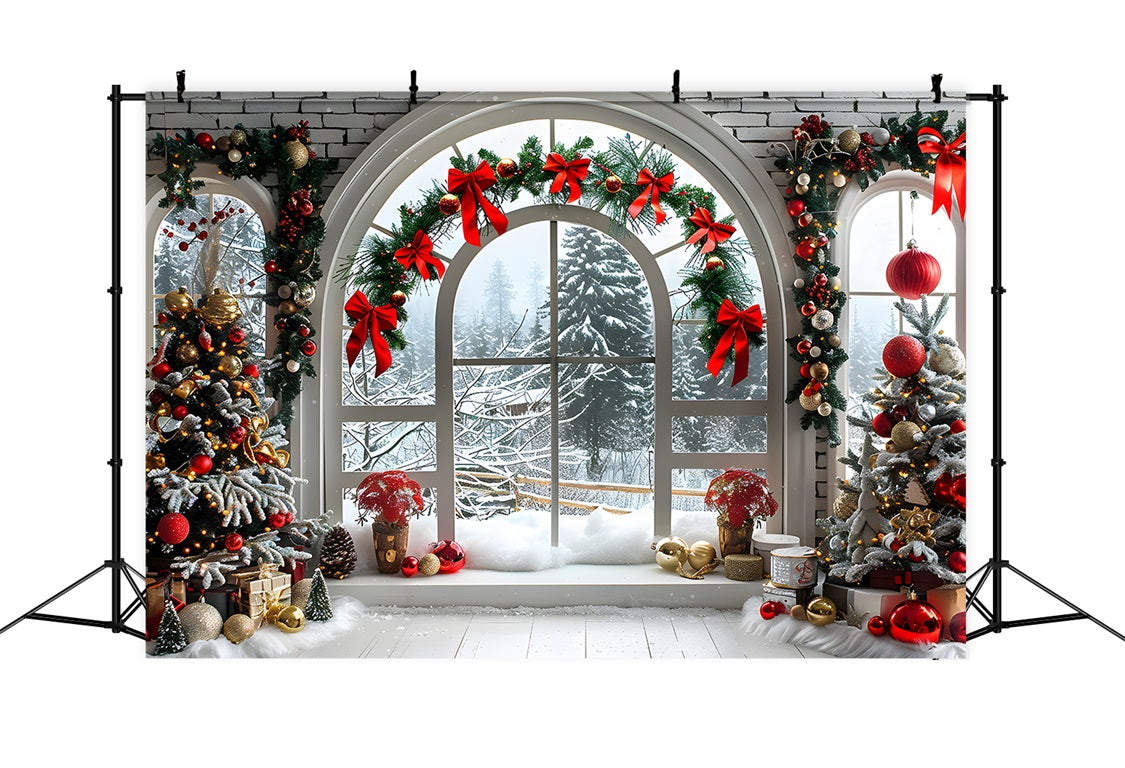 Weihnachten Gewölbtes Fenster mit verschneiter Landschaft Hintergrund RR7-696