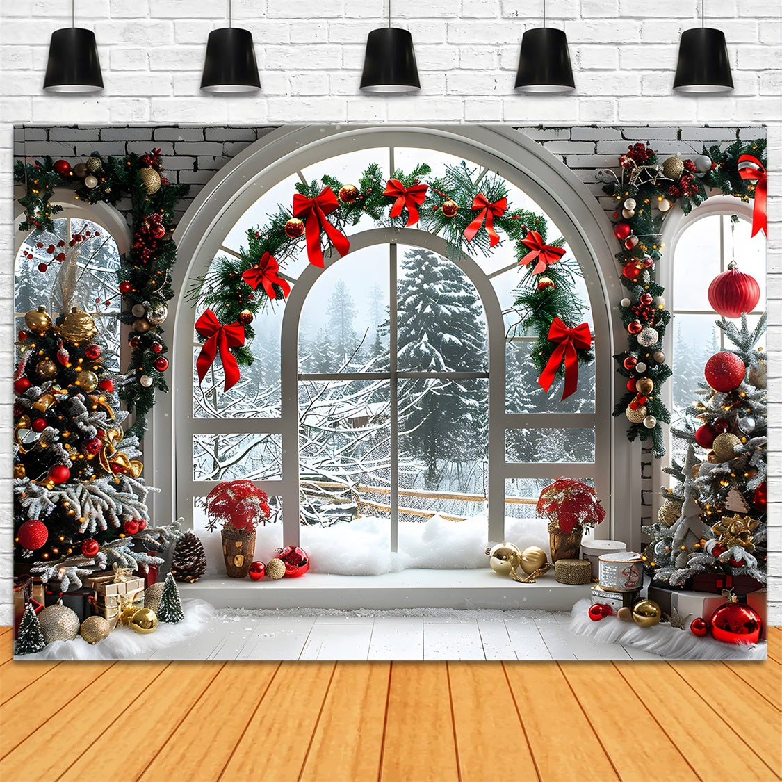 Weihnachten Gewölbtes Fenster mit verschneiter Landschaft Hintergrund RR7-696