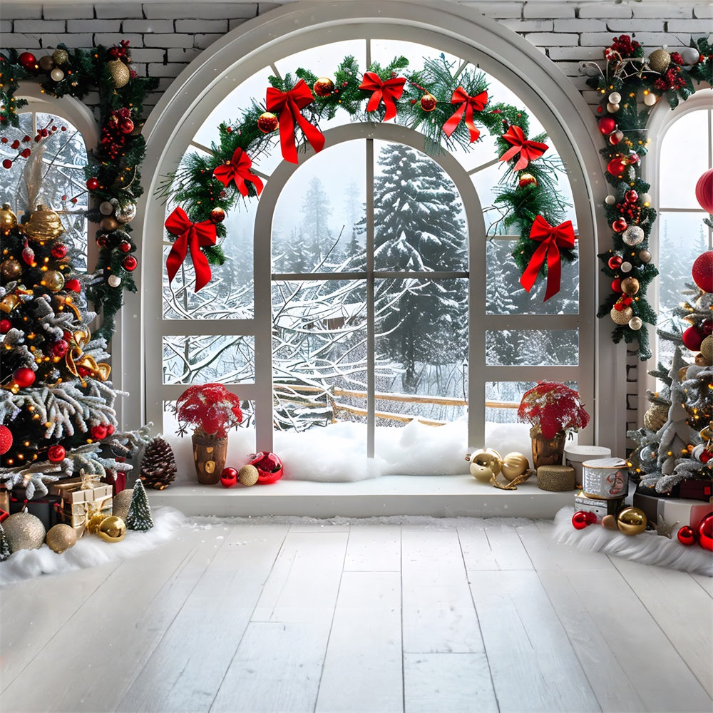 Weihnachten Gewölbtes Fenster mit verschneiter Landschaft Hintergrund RR7-696