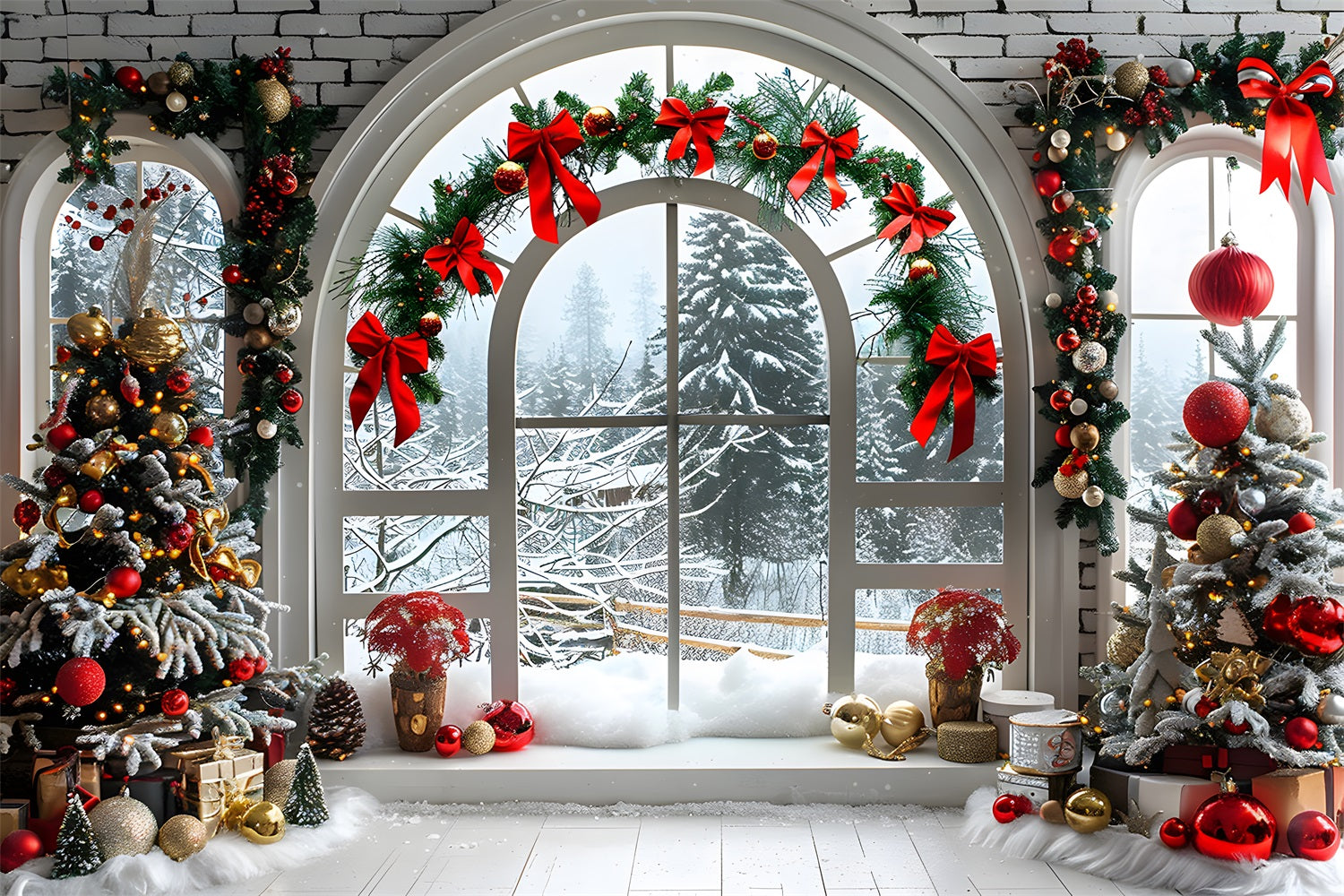 Weihnachten Gewölbtes Fenster mit verschneiter Landschaft Hintergrund RR7-696