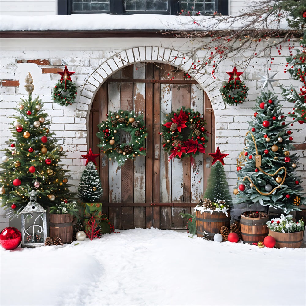 Weihnachten Rustikale Holztür Kränze Hintergrund RR7-697