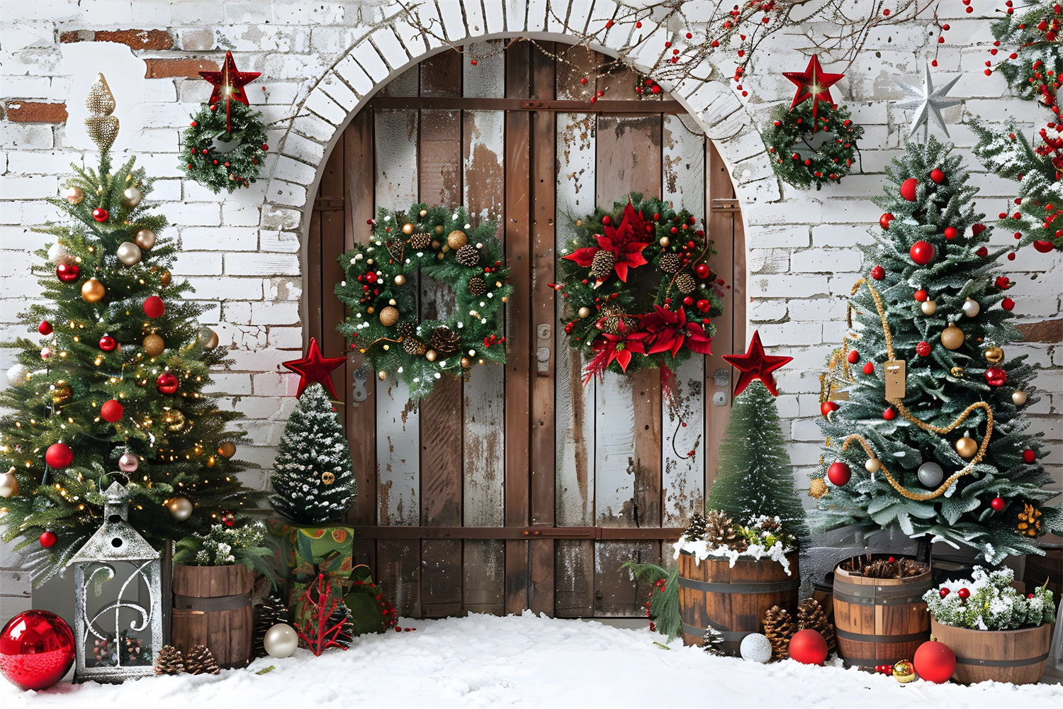 Weihnachten Rustikale Holztür Kränze Hintergrund RR7-697